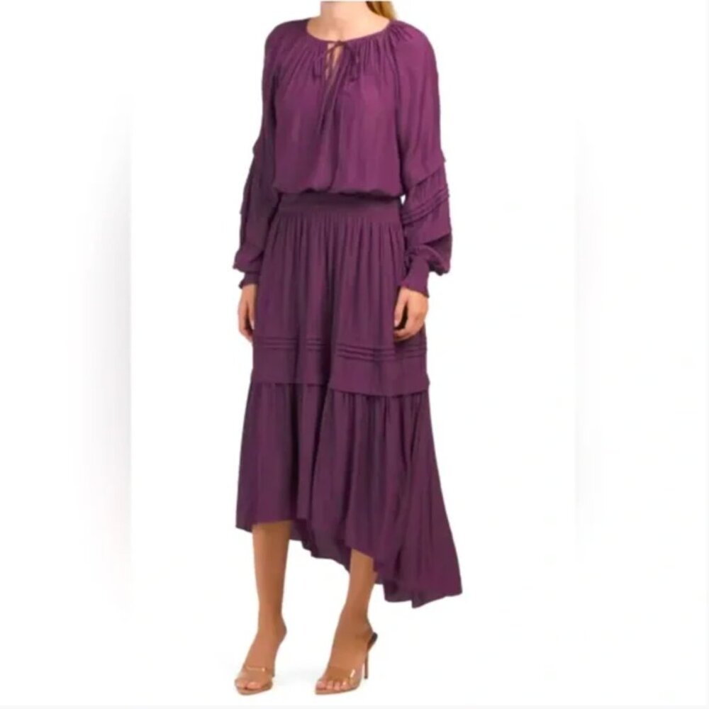 RAMY BROOK TROPEZ LONG SLEEVE SMOCKED HI-LOW MIDI DRESS RAISIN PURPLE